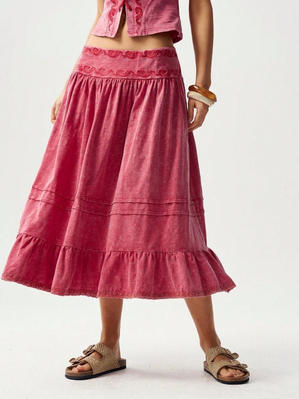 Red Casual Women's Knit Patchwork Lace Hem Skirt - Picture 7 of 7